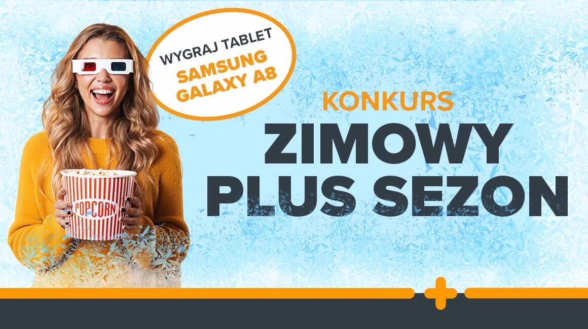 Uśmiechnięta kobieta z popcornem i okularami 3D na tle grafiki konkursu „Zimowy Plus Sezon”. Wygraj tablet Samsung Galaxy A8.